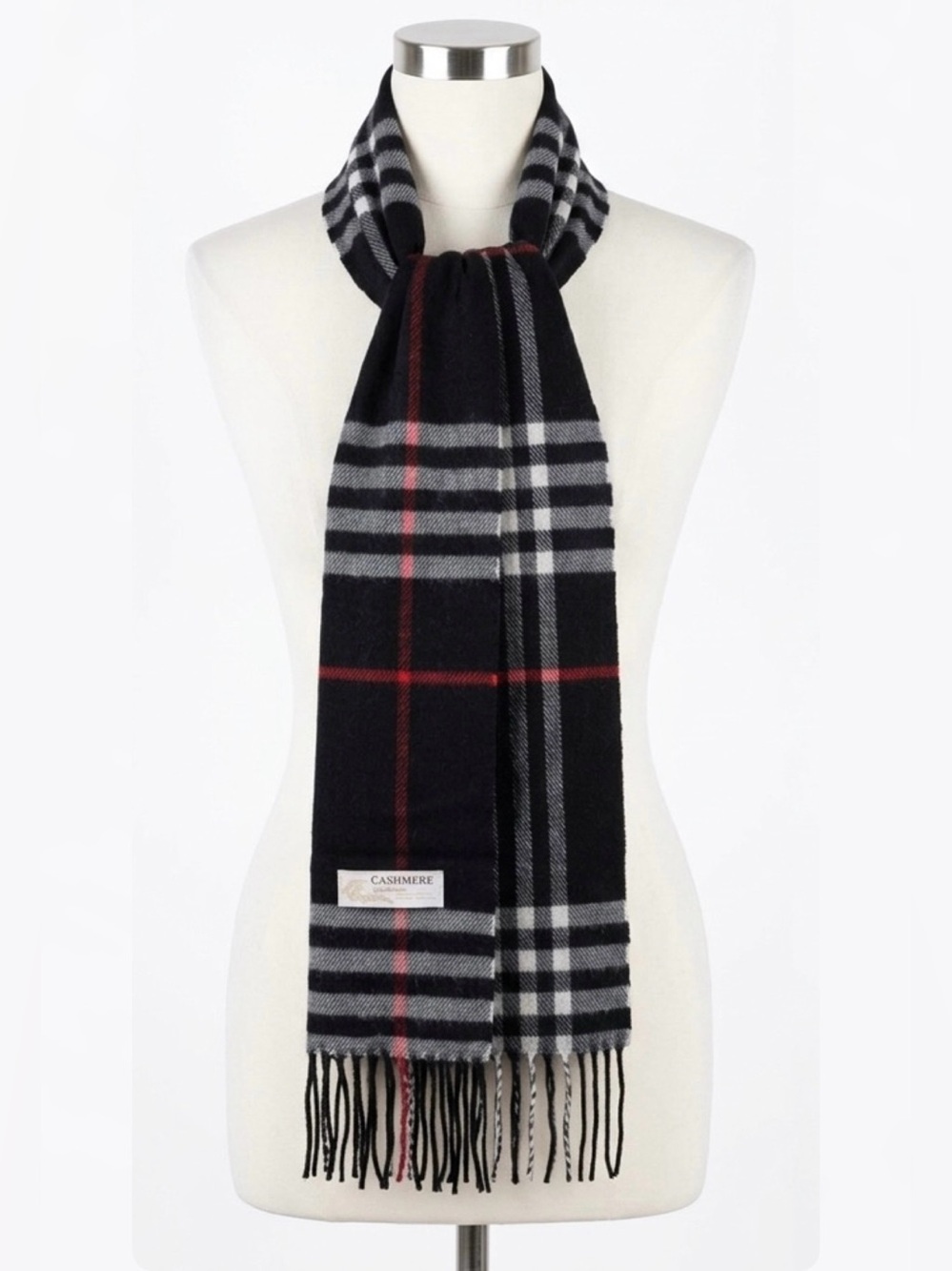 Royal Rossi Classic Plaid 100 Cashmere Winter Scarf Black Red White Check Fringe